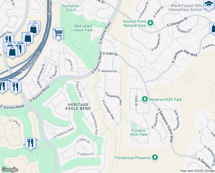map of restaurants, bars, coffee shops, grocery stores, and more near 7725 South Duquesne Way in Aurora