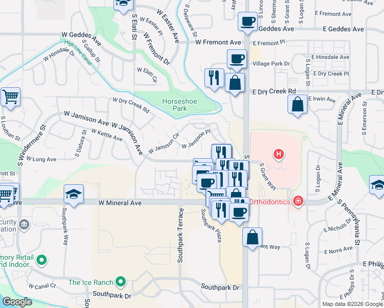map of restaurants, bars, coffee shops, grocery stores, and more near 336 West Jamison Avenue in Littleton