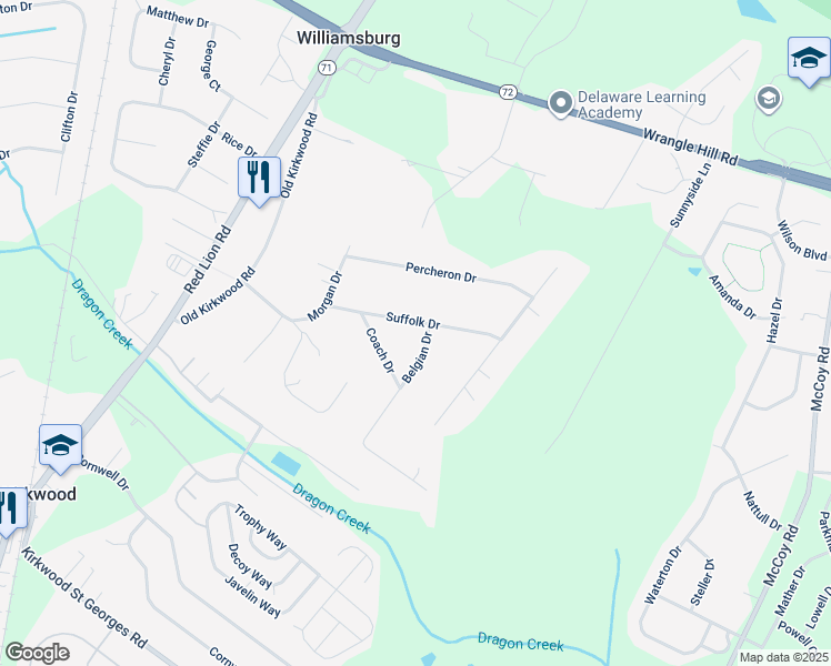 map of restaurants, bars, coffee shops, grocery stores, and more near 412 Suffolk Drive in Bear