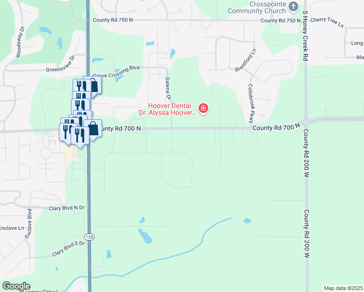 map of restaurants, bars, coffee shops, grocery stores, and more near 1455 County Road 700 North in Greenwood