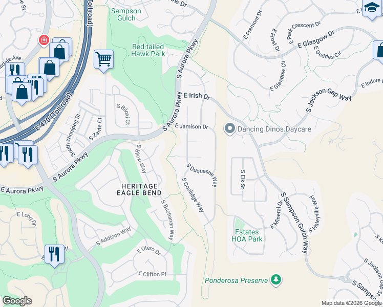 map of restaurants, bars, coffee shops, grocery stores, and more near 7725 South Duquesne Way in Aurora