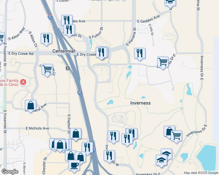 map of restaurants, bars, coffee shops, grocery stores, and more near 7865 Vallagio Lane in Englewood