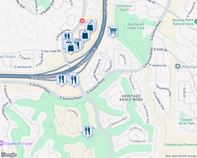 map of restaurants, bars, coffee shops, grocery stores, and more near 7700 S Winnipeg Street in Aurora