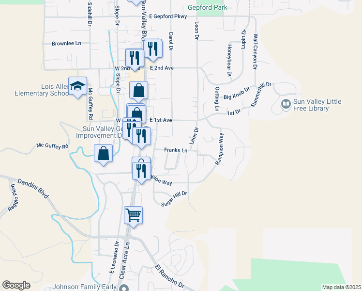 map of restaurants, bars, coffee shops, grocery stores, and more near 4955 Leon Drive in Sun Valley