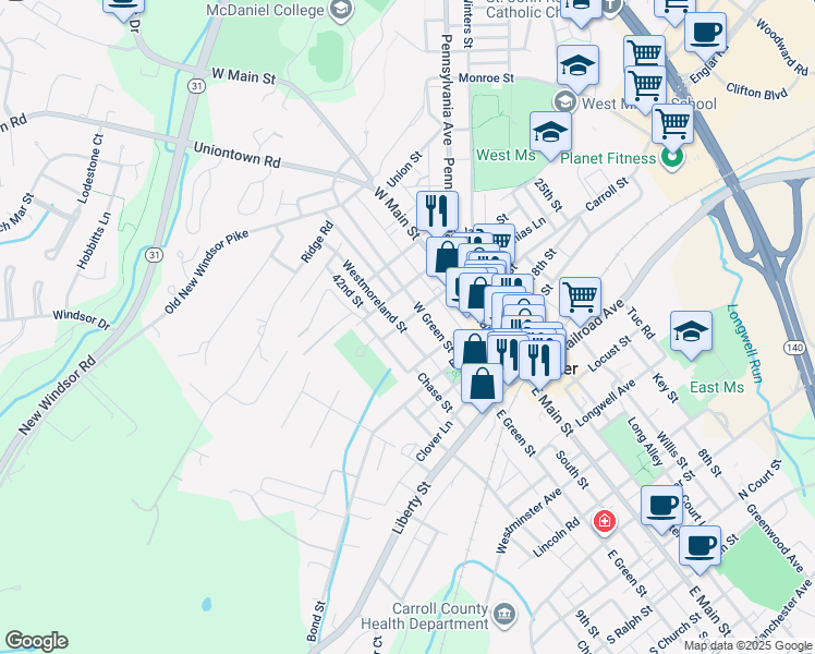 map of restaurants, bars, coffee shops, grocery stores, and more near 107 Anchor Street in Westminster