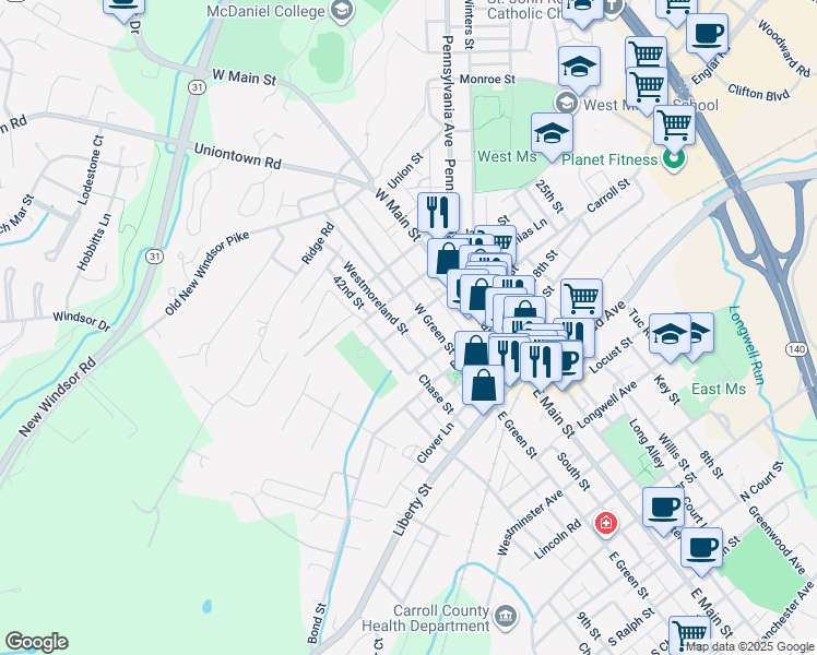 map of restaurants, bars, coffee shops, grocery stores, and more near 107 Anchor Street in Westminster