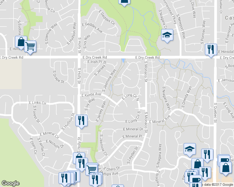 map of restaurants, bars, coffee shops, grocery stores, and more near 7675 South Krameria Street in Centennial