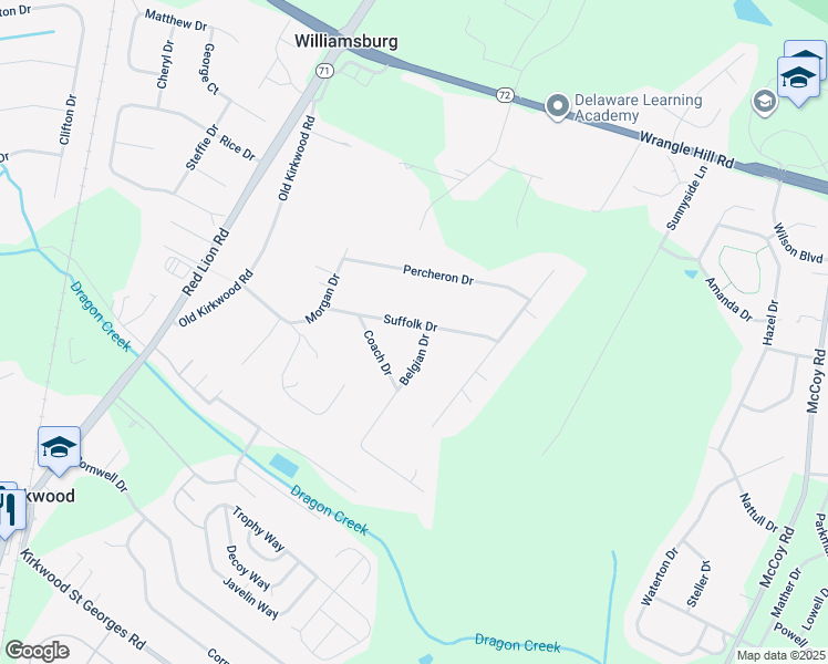 map of restaurants, bars, coffee shops, grocery stores, and more near 412 Suffolk Drive in Bear