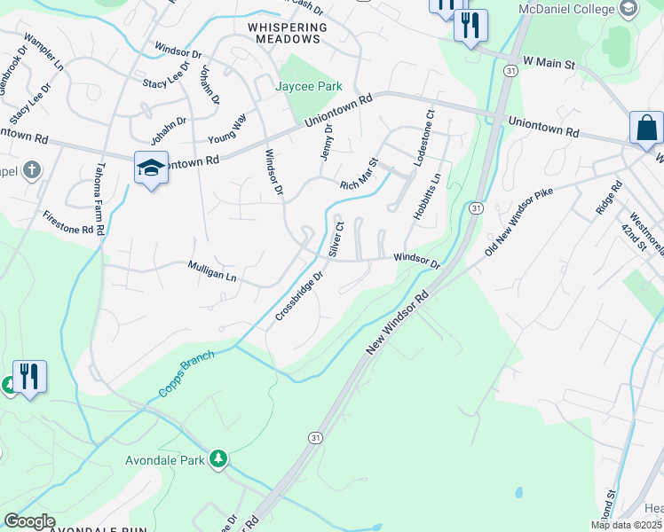 map of restaurants, bars, coffee shops, grocery stores, and more near 507 Crossbridge Drive in Westminster