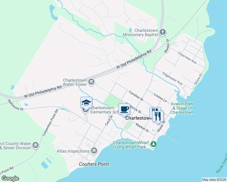map of restaurants, bars, coffee shops, grocery stores, and more near 406 Frederick Street in North East