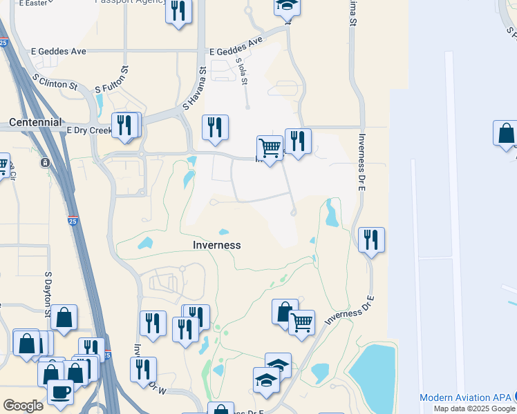 map of restaurants, bars, coffee shops, grocery stores, and more near 88 Inverness Circle East in Englewood