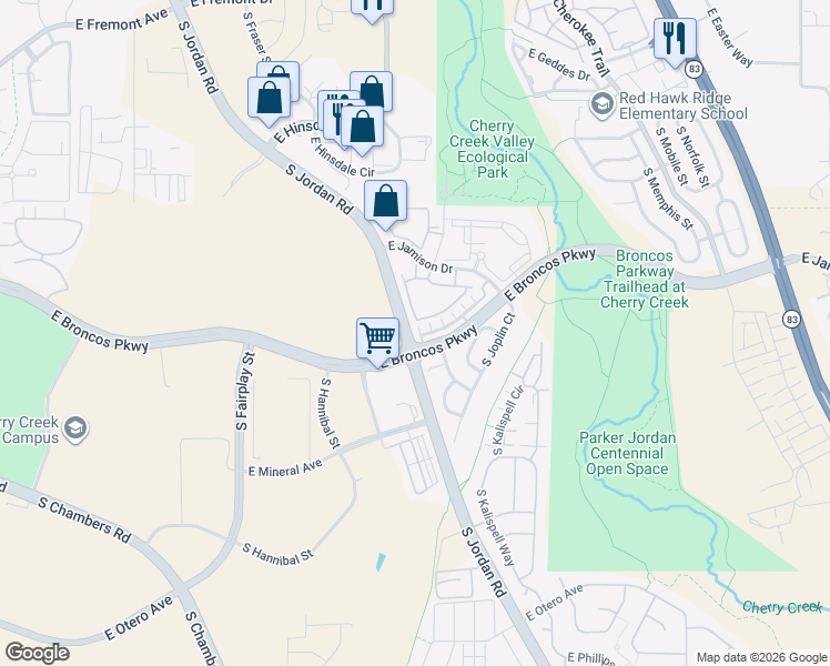 map of restaurants, bars, coffee shops, grocery stores, and more near 15615 East Kettle Place in Centennial