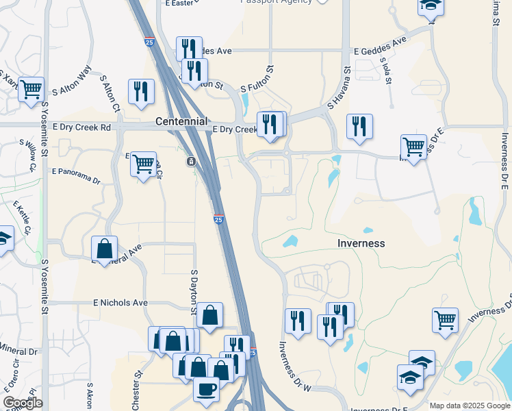 map of restaurants, bars, coffee shops, grocery stores, and more near 169 Inverness Drive West in Englewood