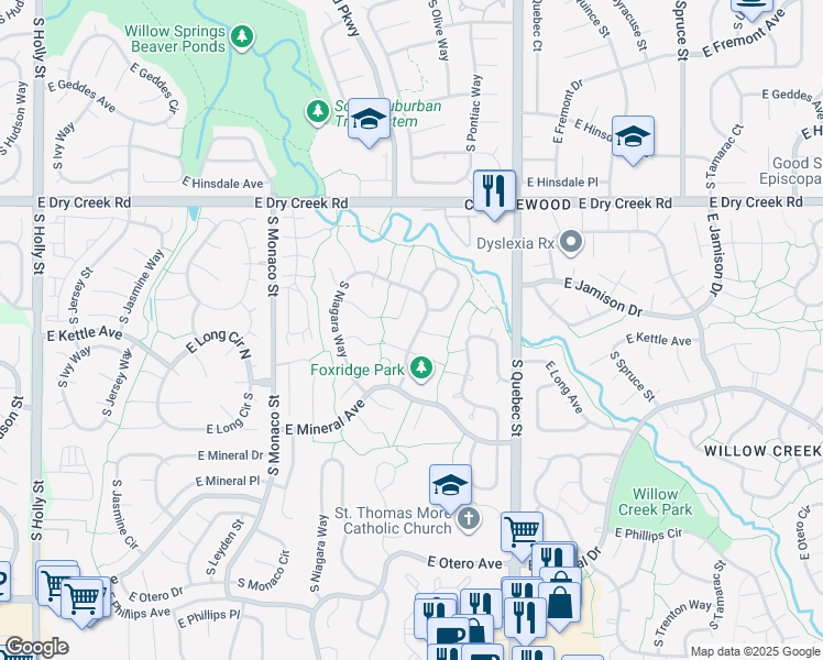 map of restaurants, bars, coffee shops, grocery stores, and more near 6918 East Long Avenue in Centennial