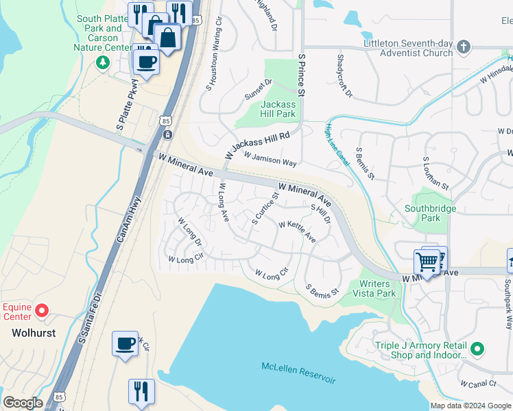 map of restaurants, bars, coffee shops, grocery stores, and more near 7741 South Curtice Drive in Littleton