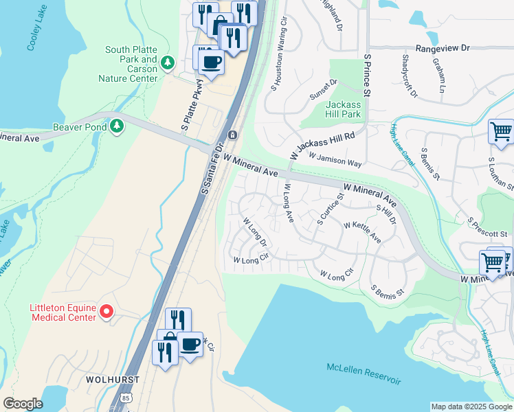 map of restaurants, bars, coffee shops, grocery stores, and more near 2941 West Long Drive in Littleton
