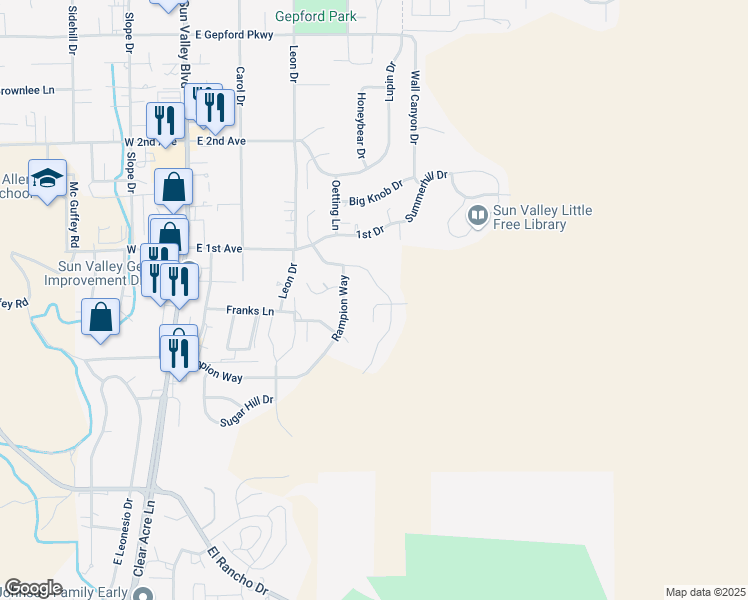 map of restaurants, bars, coffee shops, grocery stores, and more near 570 Llewellyn Road in Sun Valley