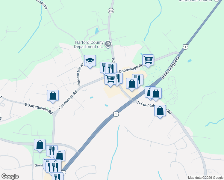 map of restaurants, bars, coffee shops, grocery stores, and more near 2126 North Fountain Green Road in Bel Air