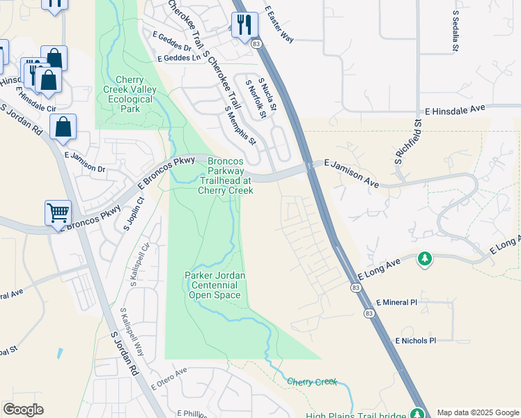 map of restaurants, bars, coffee shops, grocery stores, and more near 7711 South Parker Road in Aurora