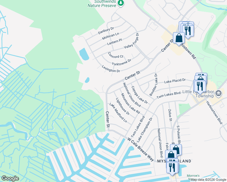 map of restaurants, bars, coffee shops, grocery stores, and more near 975 Center Street in Ocean County