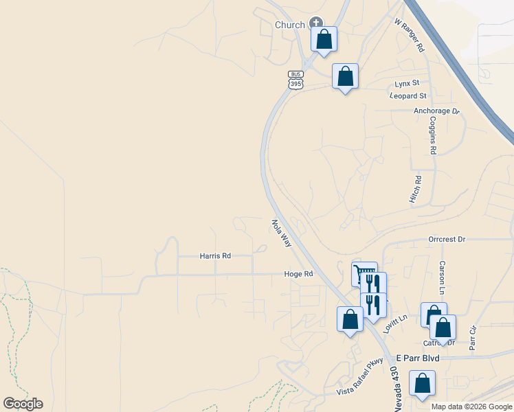 map of restaurants, bars, coffee shops, grocery stores, and more near 5445 North Virginia Street in Reno