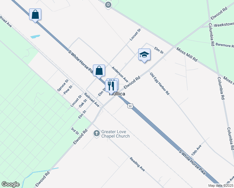 map of restaurants, bars, coffee shops, grocery stores, and more near Elwood Road in Elwood