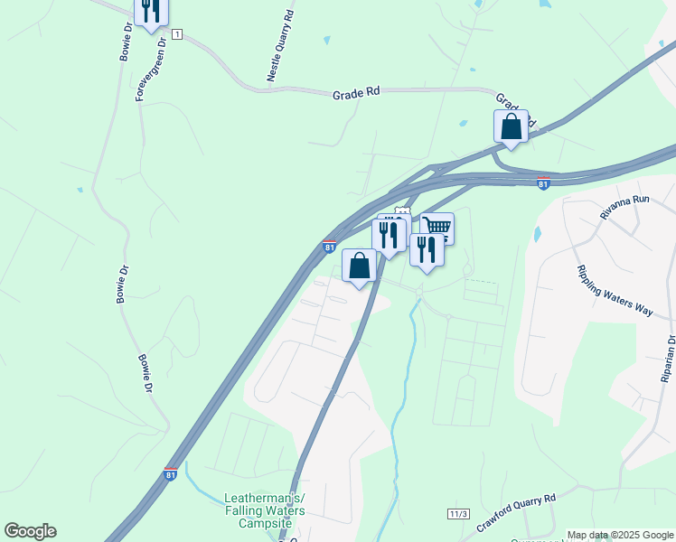 map of restaurants, bars, coffee shops, grocery stores, and more near 14 Corporate Boulevard in Falling Waters