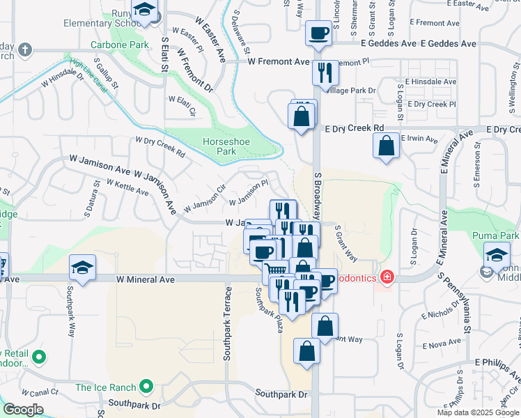 map of restaurants, bars, coffee shops, grocery stores, and more near 331 West Jamison Place in Littleton