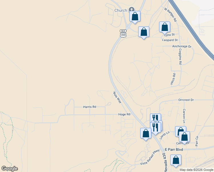 map of restaurants, bars, coffee shops, grocery stores, and more near 5445 North Virginia Street in Reno