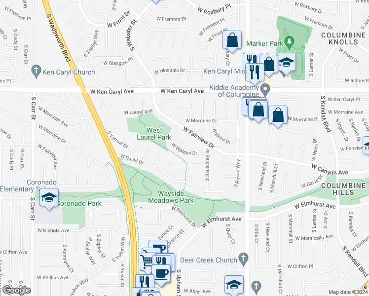 map of restaurants, bars, coffee shops, grocery stores, and more near 7293 West Walden Drive in Littleton