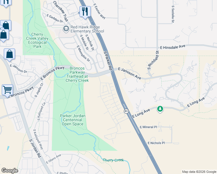 map of restaurants, bars, coffee shops, grocery stores, and more near 7711 S Parker Rd in Centennial