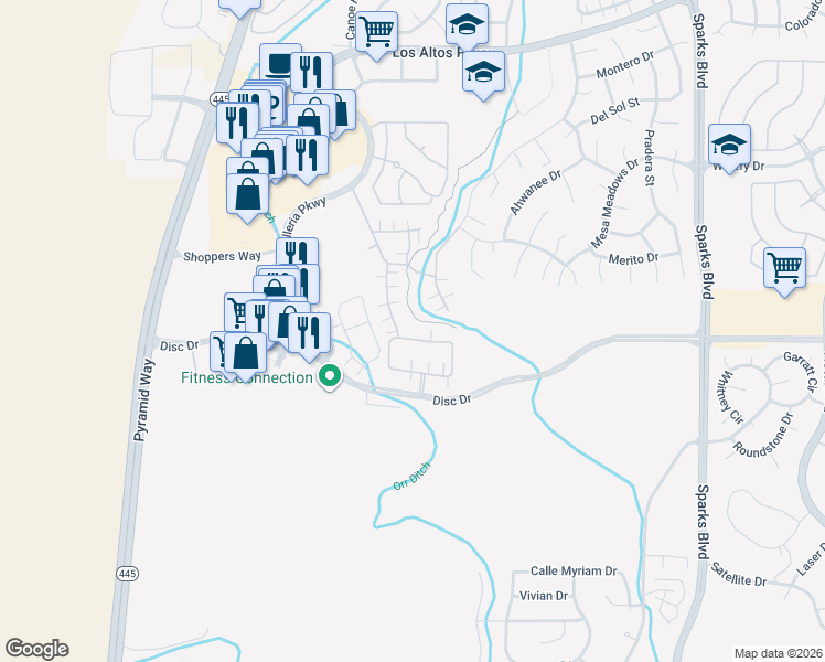 map of restaurants, bars, coffee shops, grocery stores, and more near 4702 Wood Thrush Lane in Sparks