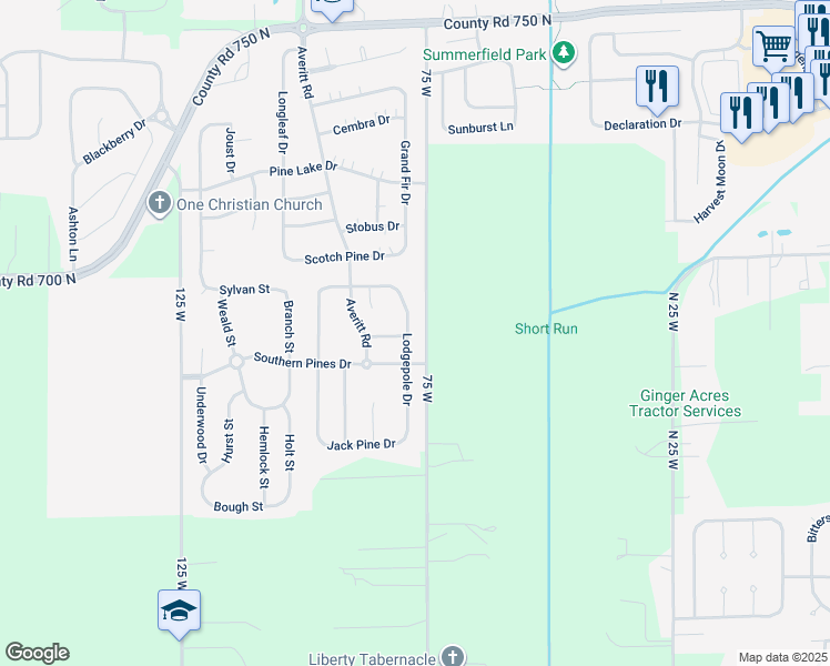 map of restaurants, bars, coffee shops, grocery stores, and more near 2907 Lodgepole Drive in Whiteland