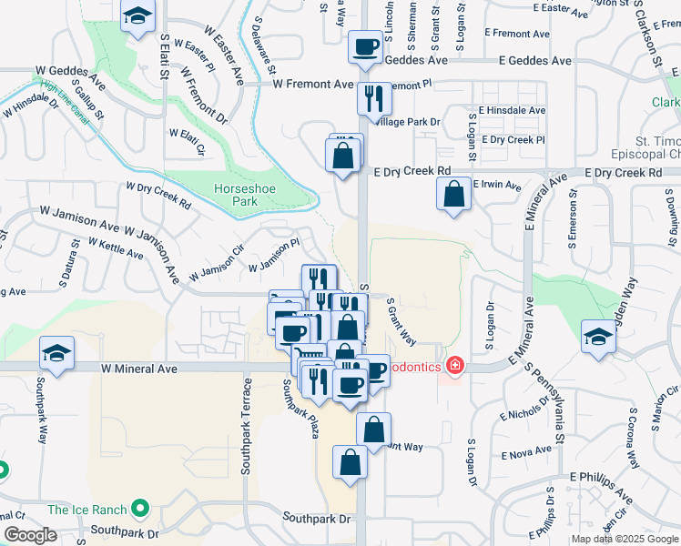 map of restaurants, bars, coffee shops, grocery stores, and more near 221 West Jamison Circle in Littleton