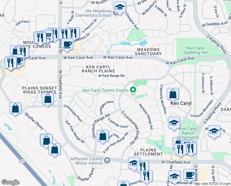 map of restaurants, bars, coffee shops, grocery stores, and more near 7627 Snowmass Mountain in Littleton