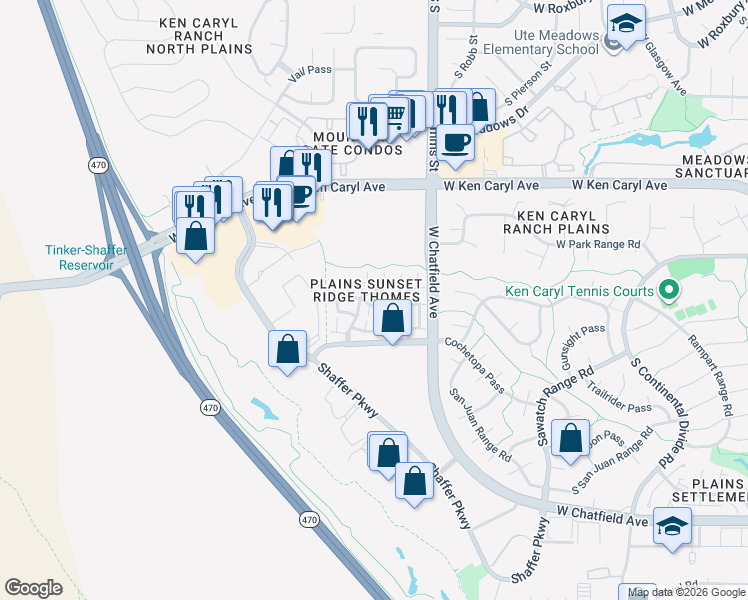 map of restaurants, bars, coffee shops, grocery stores, and more near 11787 West Elk Head Range Road in Littleton