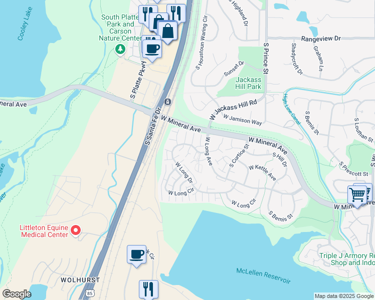map of restaurants, bars, coffee shops, grocery stores, and more near 2981 West Long Drive in Littleton