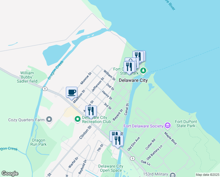 map of restaurants, bars, coffee shops, grocery stores, and more near 145 Adams Street in Delaware City