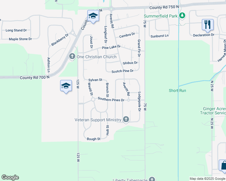 map of restaurants, bars, coffee shops, grocery stores, and more near 2944 Limber Pine Drive in Whiteland