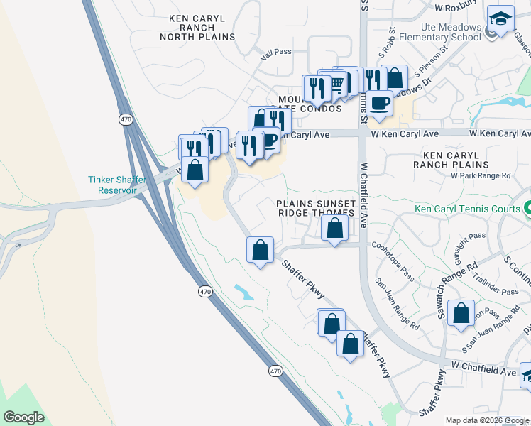 map of restaurants, bars, coffee shops, grocery stores, and more near 12284 West Ken Caryl Circle in Littleton