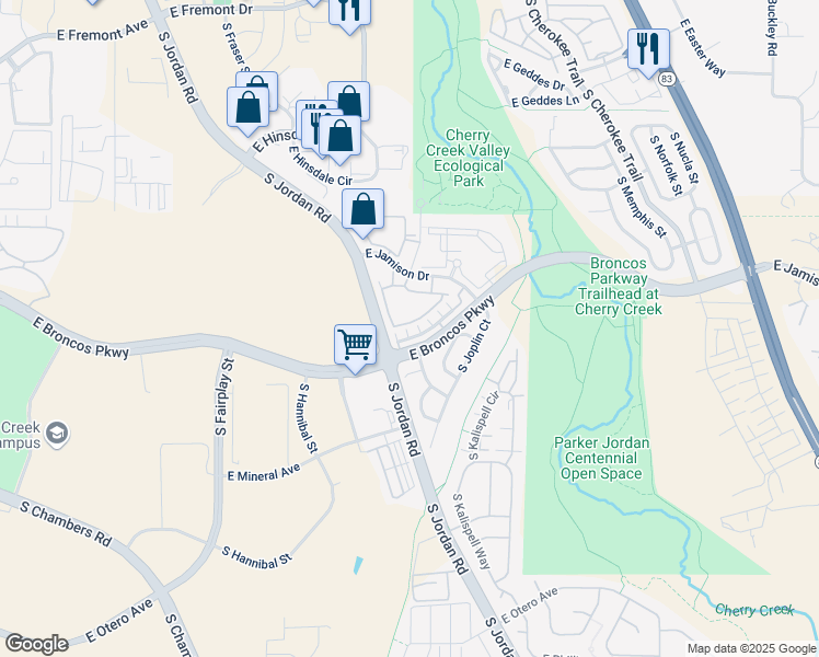 map of restaurants, bars, coffee shops, grocery stores, and more near 15665 East Broncos Place in Englewood