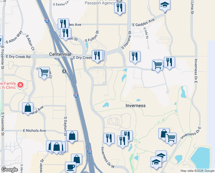 map of restaurants, bars, coffee shops, grocery stores, and more near 7840 Vallagio Lane in Englewood