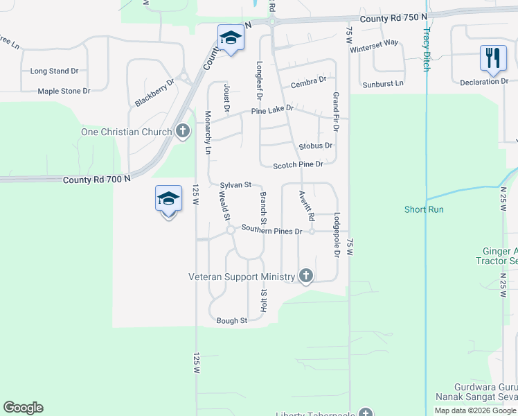 map of restaurants, bars, coffee shops, grocery stores, and more near 2928 Branch Street in Whiteland
