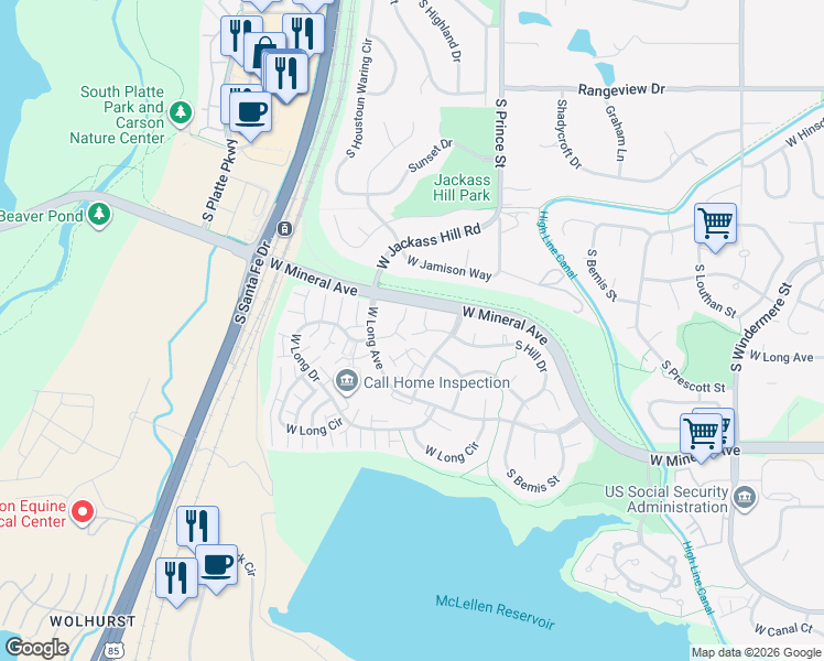 map of restaurants, bars, coffee shops, grocery stores, and more near 7705 South Curtice Way in Littleton