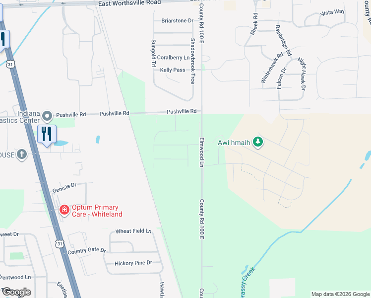 map of restaurants, bars, coffee shops, grocery stores, and more near 2468-2910 County Road 100 East in Whiteland