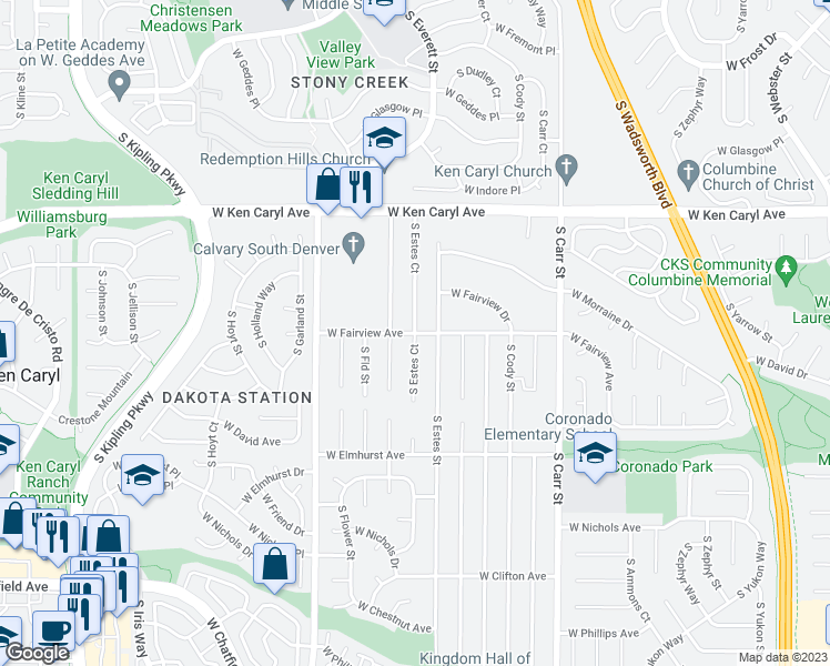 map of restaurants, bars, coffee shops, grocery stores, and more near 8849 West Fairview Avenue in Littleton