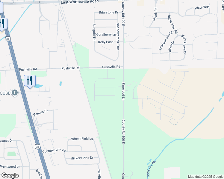 map of restaurants, bars, coffee shops, grocery stores, and more near 2468-2910 County Road 100 East in Whiteland