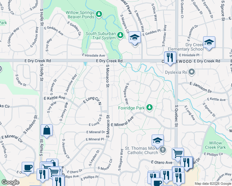 map of restaurants, bars, coffee shops, grocery stores, and more near 7642 South Monaco Circle West in Centennial