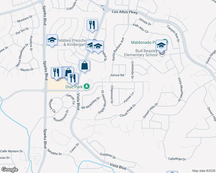 map of restaurants, bars, coffee shops, grocery stores, and more near 4594 Gannet Peak Circle in Sparks