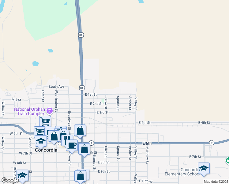 map of restaurants, bars, coffee shops, grocery stores, and more near 431 East 1st Street in Concordia